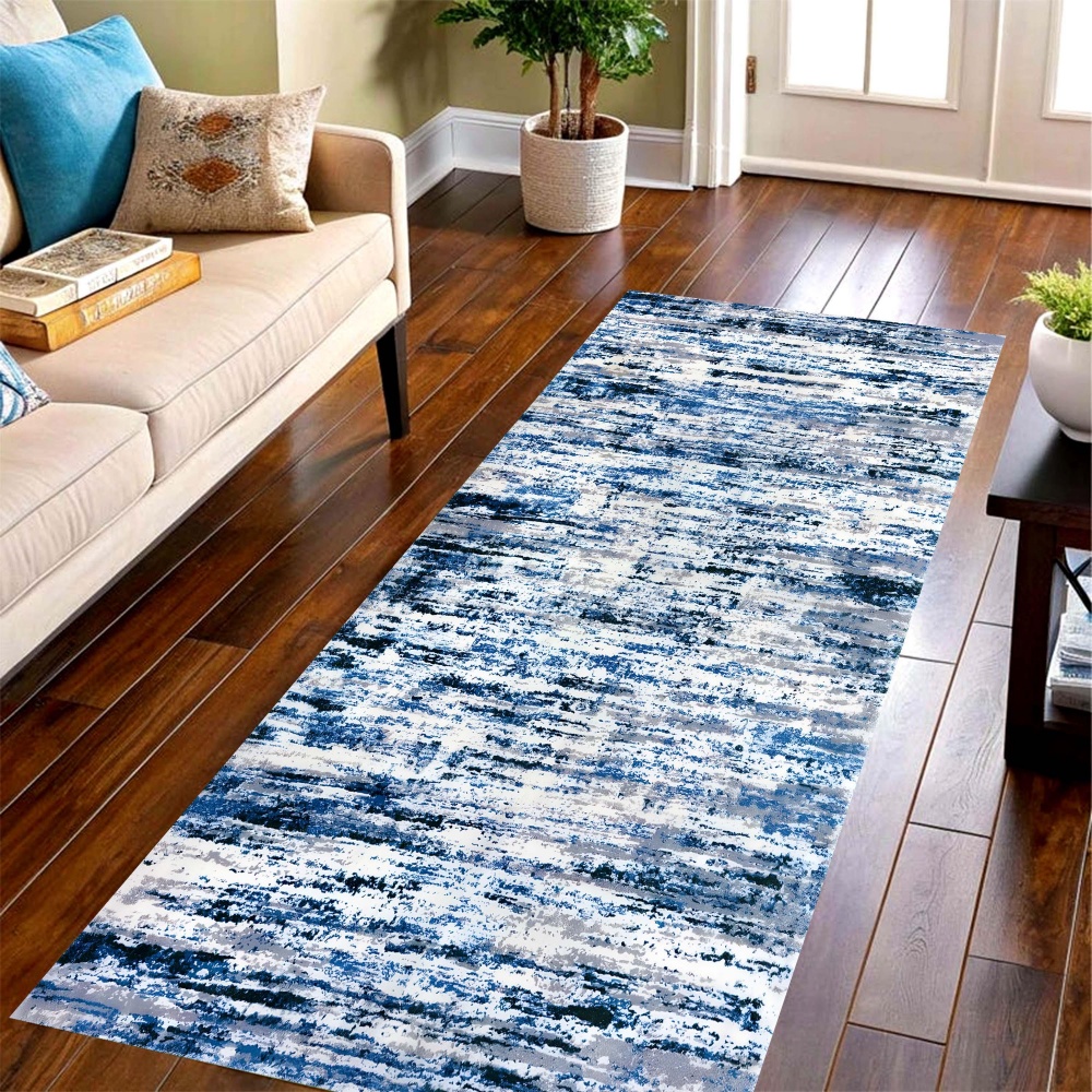 Printed Rug Abstract - Blue Grey Brush Stroke Long Runner