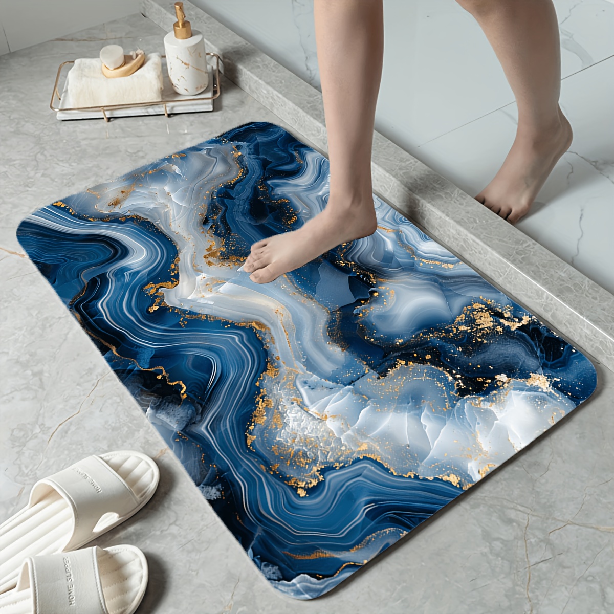 Printed Rug Abstract - Blue Grey Gold Marble Print Bath