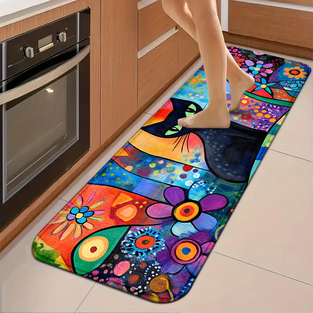 Printed Rug Abstract - Colorful Abstract Cat & Floral Print