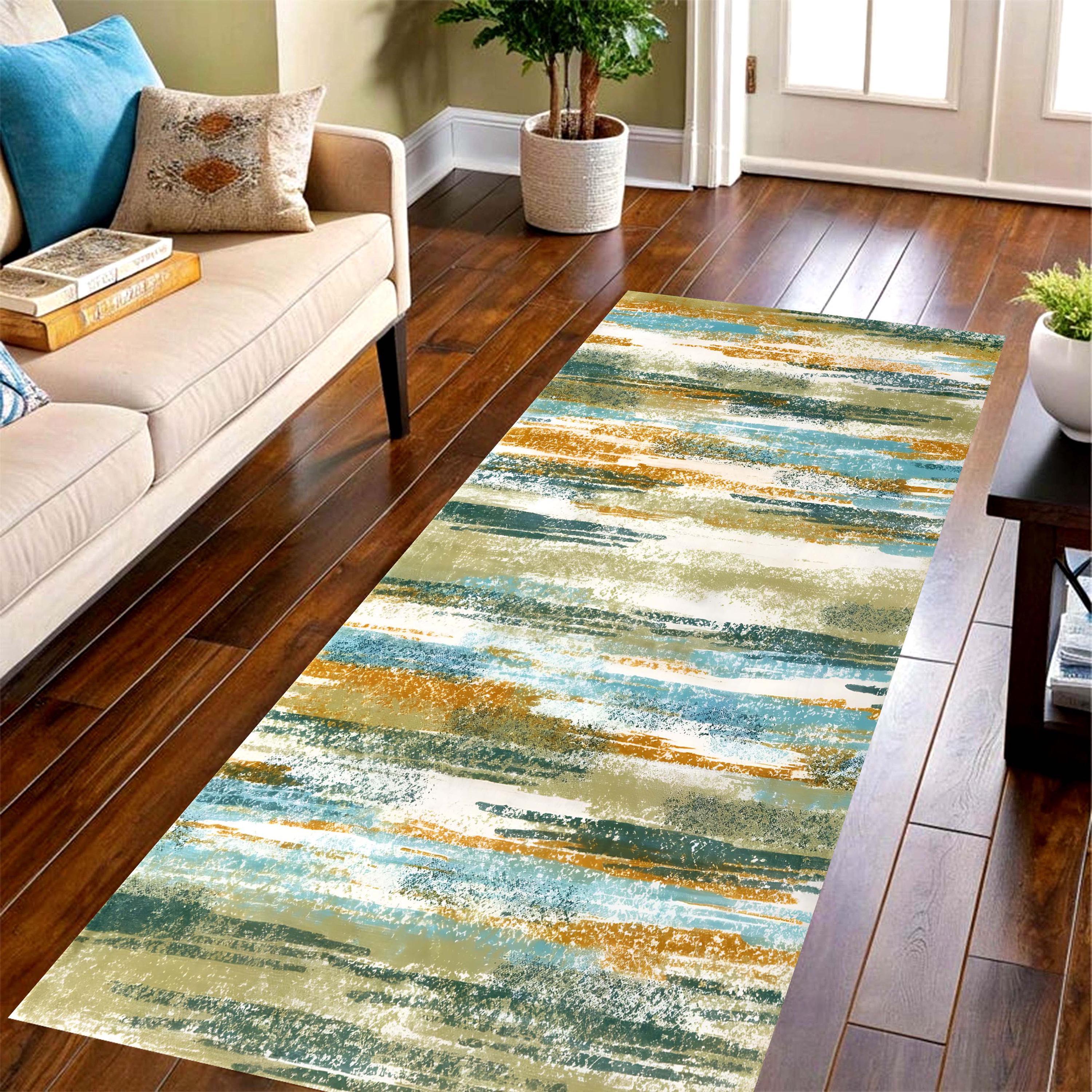Blue Grey Brush Stroke Long Ru - Printed Rug Abstract のレビューと価格