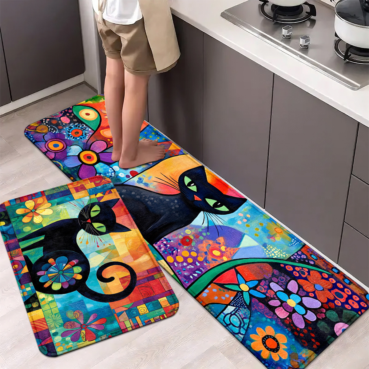 Colorful Abstract Cat & Floral - Printed Rug Abstract のレビューと価格