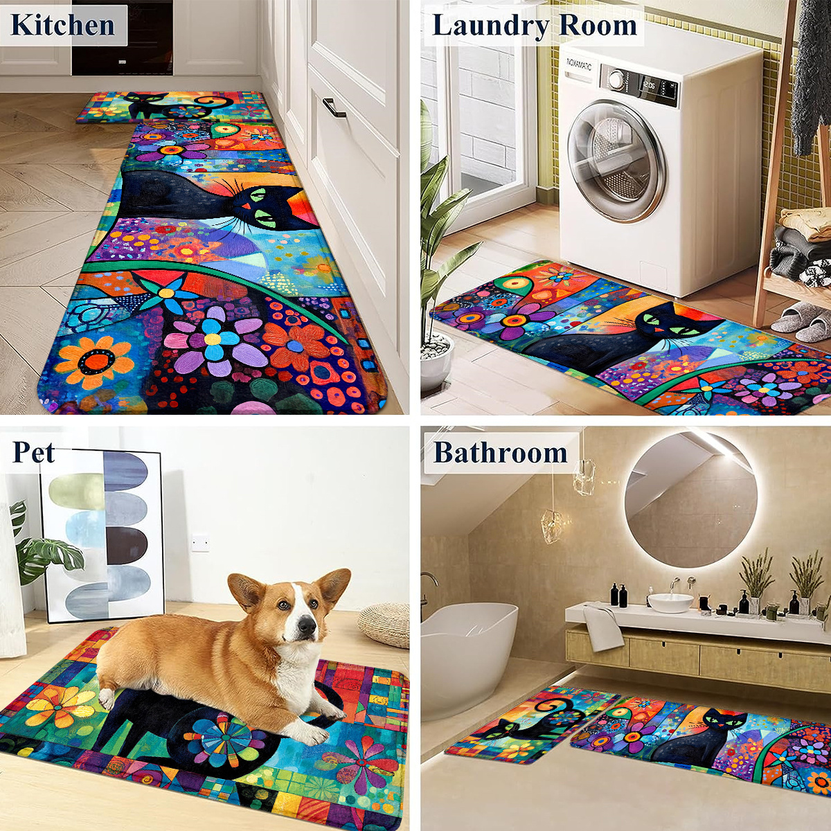 Colorful Abstract Cat & Floral - Printed Rug Abstract のレビューと価格